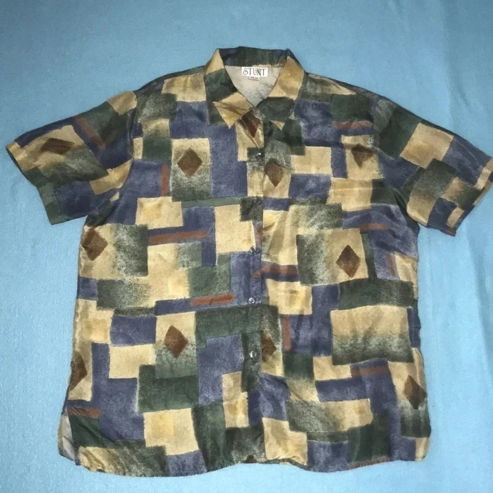 𝅺STUNT vintage silk short sleeve button up patchwork print camp shirt top size L
